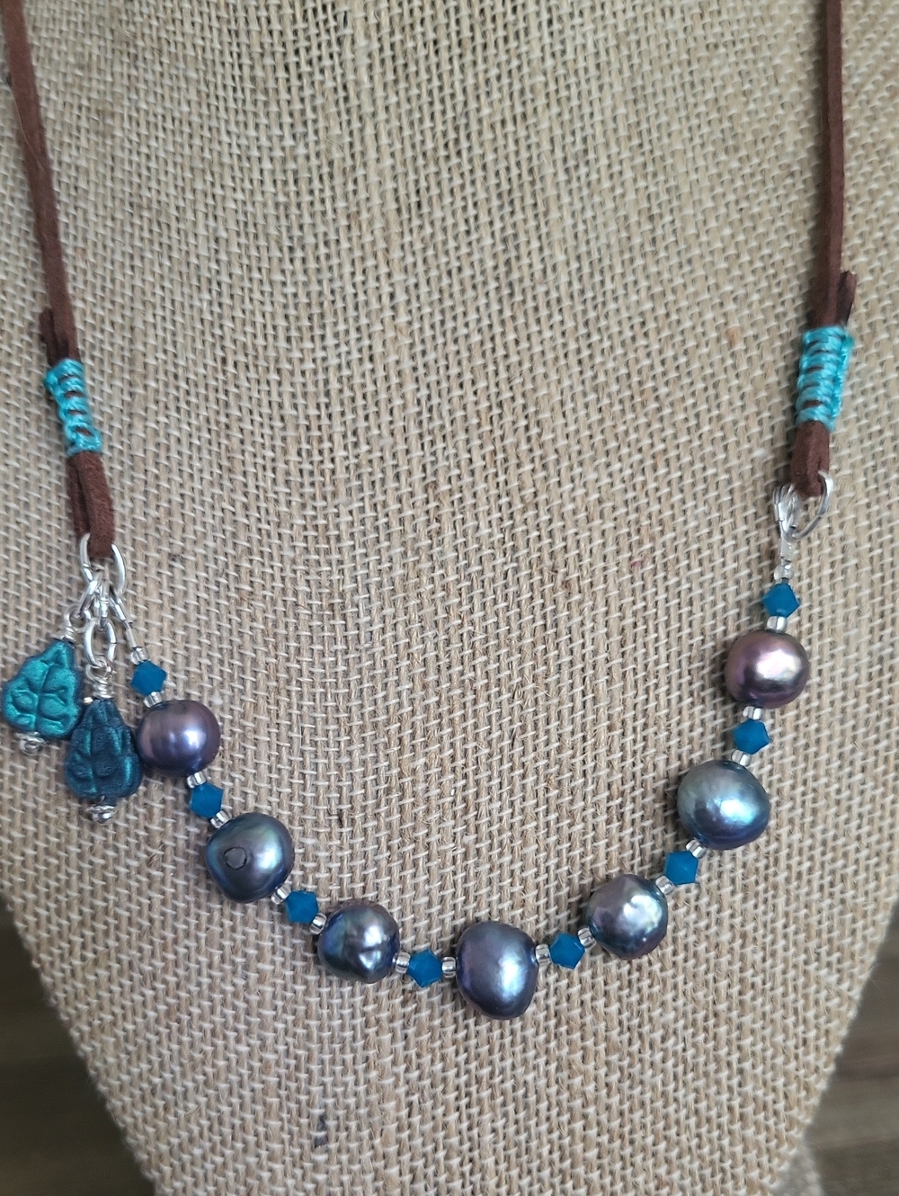 Handmade Iridescent Teal Pearl and Leather Necklace